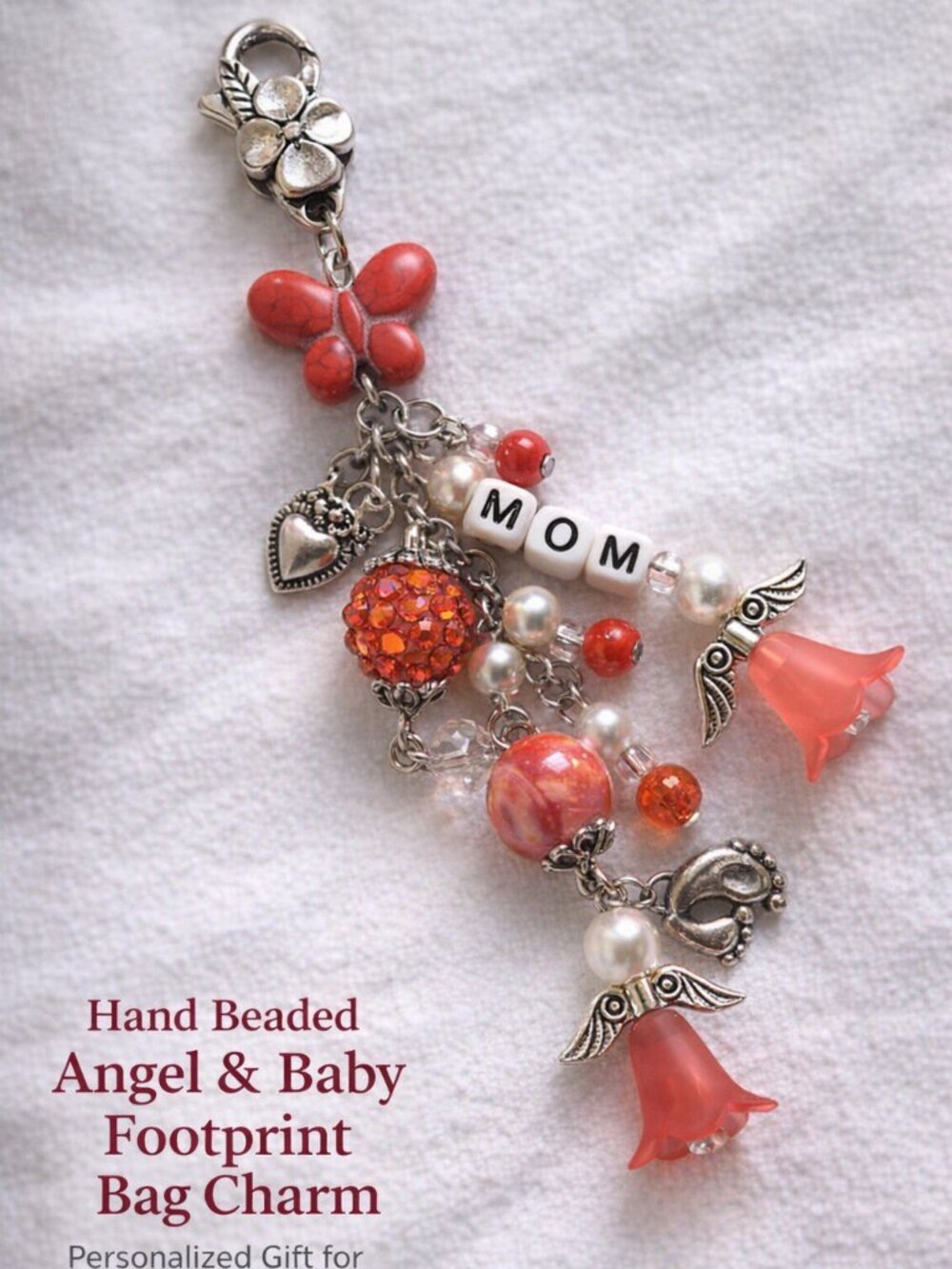 Hand Beaded Angel & Footprint Bag Charm • Personalized New Mom Gift